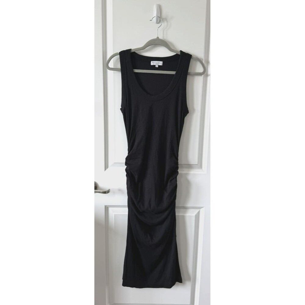 Michael Stars Womens Black Ribbed Ruched Side Slit Midi Tank Dress Sz M Bodycon